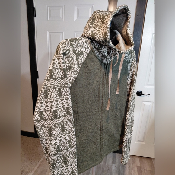 Cabela's Women Olive Green Fair Isle Patterned Sleeve Fleece Lined Full Zip Sz L - Picture 3 of 16